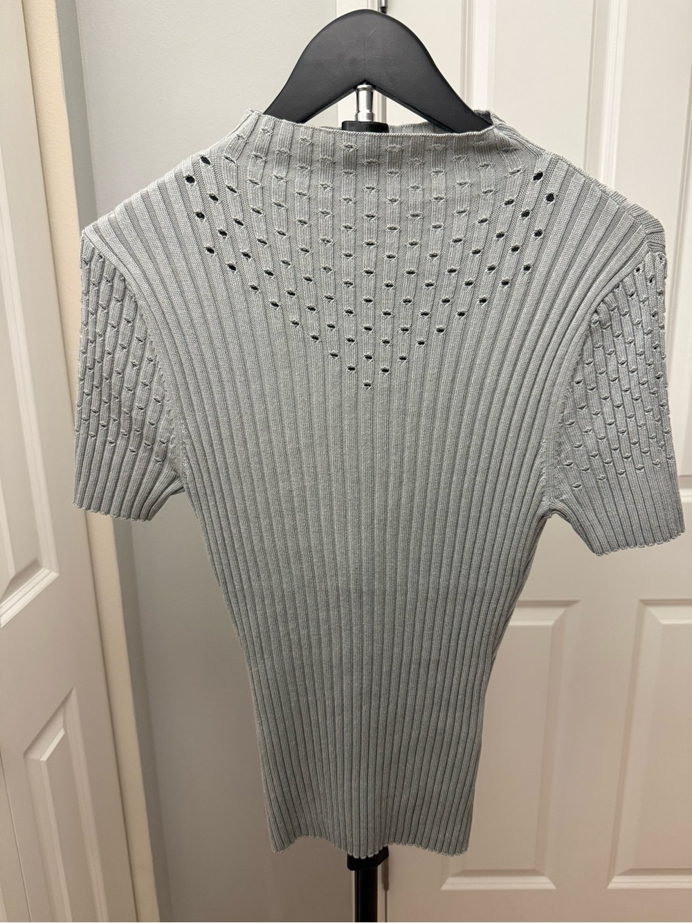 VENUS Sage Green Ribbed Pointelle Knit Short Sleeve Fitted Top